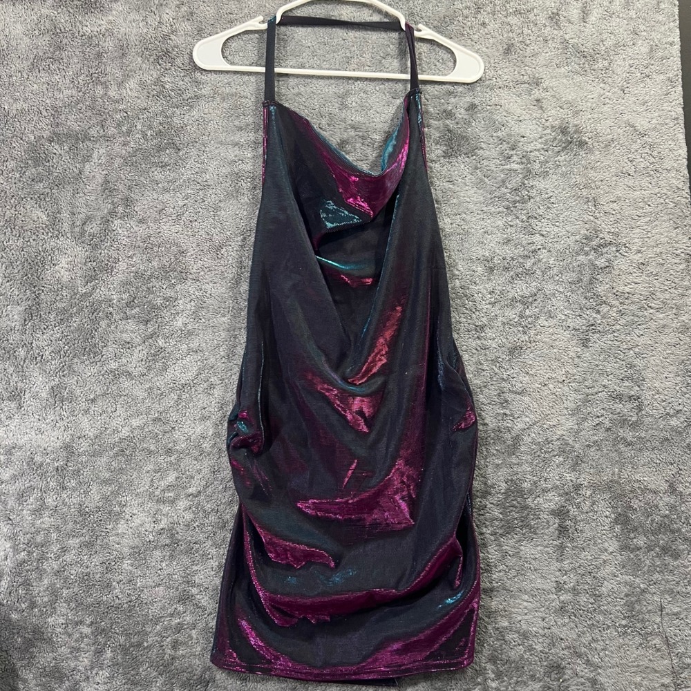 SHEIN Metallic Iridescent Purple Teal Halter Cowl Neck Ruched Mini Dress Large